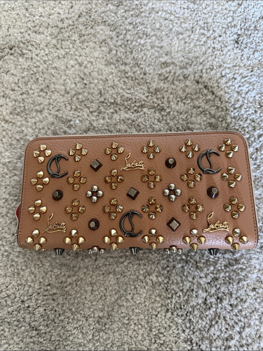 Christian Louboutin Brown Leather Studded Zip Wallet with Mixed Metal Accents - Picture 2 of 6